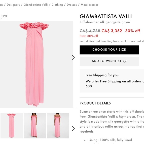 Giambattista Valli off-shoulder silk georgette gown in pink. Size 38. NWT - Picture 6 of 11